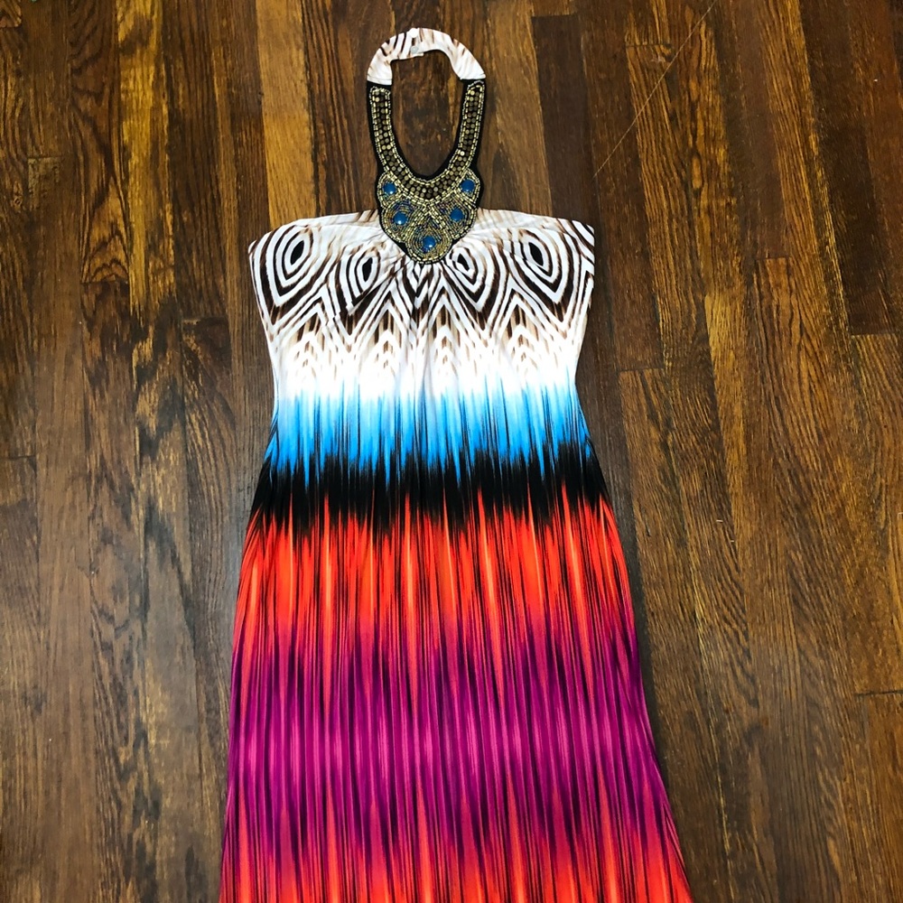 Venus Multicolor Maxi Dress w/ Beaded Halter Neck